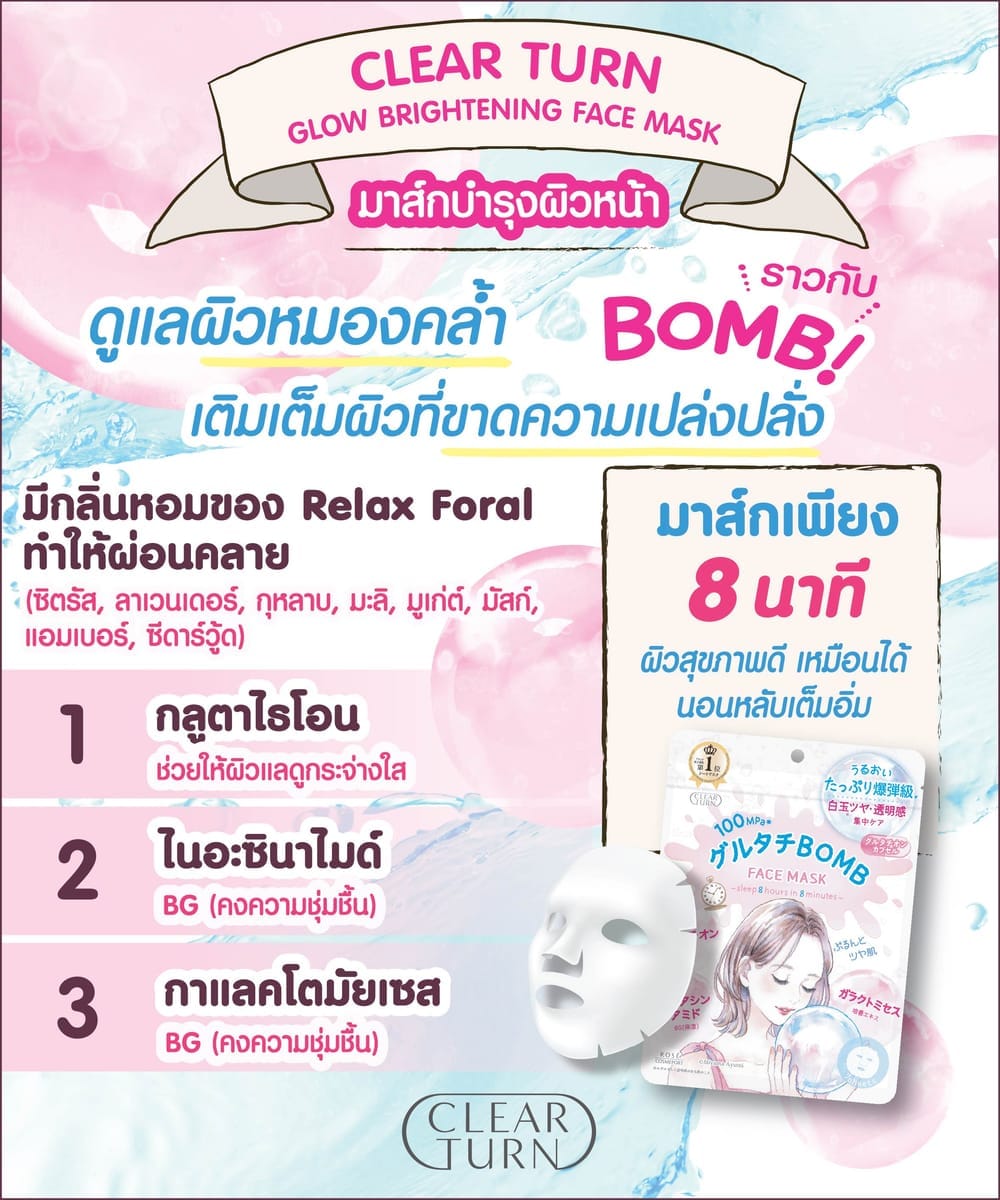 แผ่นมาส์กบำรุงผิวหน้า  CLEAR TURN โกลว์ ไบรท์เทนนิ่ง 7 แผ่น_5